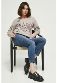 medicine - Medicine sweter damski kolor beżowy. Kolor: beżowy. Długość rękawa: długi rękaw. Długość: długie. Wzór: haft