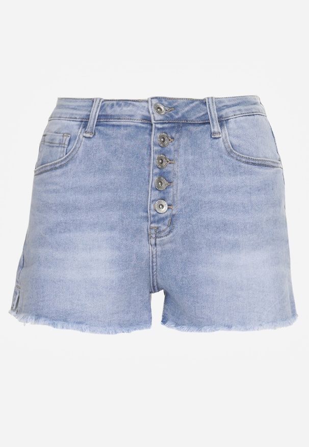 Renee - Niebieskie Casualowe Szorty Jeansowe High Waist Ozdobione Guzikami Leviana. Okazja: na co dzień. Stan: podwyższony. Kolor: niebieski. Materiał: jeans. Długość: krótkie. Wzór: aplikacja. Sezon: lato. Styl: casual