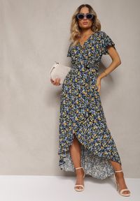 Renee - Granatowo-Żółta Sukienka z Bawełny Kopertowa z Paskiem w Talii w Kwiatowy Print Risalline. Okazja: na co dzień. Kolor: niebieski. Materiał: bawełna. Długość rękawa: krótki rękaw. Wzór: kwiaty, nadruk. Sezon: lato, wiosna. Typ sukienki: kopertowe. Styl: casual, elegancki
