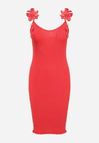 Born2be - Czerwona Dopasowana Sukienka z Wiskozą Ozdobiona Kwiatami 3D Yennira. Kolor: czerwony. Materiał: wiskoza. Wzór: aplikacja, kwiaty #4