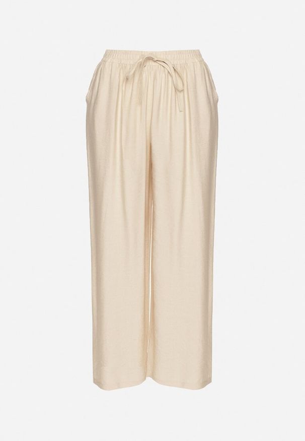 Born2be - Beżowe Szerokie Spodnie z Wysokim Stanem Ozdobione Sznurkiem Fenaris. Okazja: na spacer. Stan: podwyższony. Kolor: beżowy. Długość: długie. Wzór: aplikacja. Sezon: lato. Styl: klasyczny, elegancki