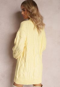 Renee - Żółty Długi Sweter o Luźnym Kroju z Warkoczykowym Splotem Penerria. Kolor: żółty. Długość: długie. Wzór: ze splotem. Sezon: jesień, zima #5