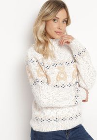 Born2be - Jasnobeżowy Sweter z Wełną w Misiowy Wzór ze Ściągaczami Dorizelle. Okazja: na co dzień. Kolor: beżowy. Materiał: wełna. Styl: klasyczny, casual #7