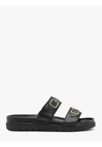Ryłko - Czarne klapki damskie płaskie. Kolor: czarny. Materiał: skóra. Wzór: paski. Styl: street #1
