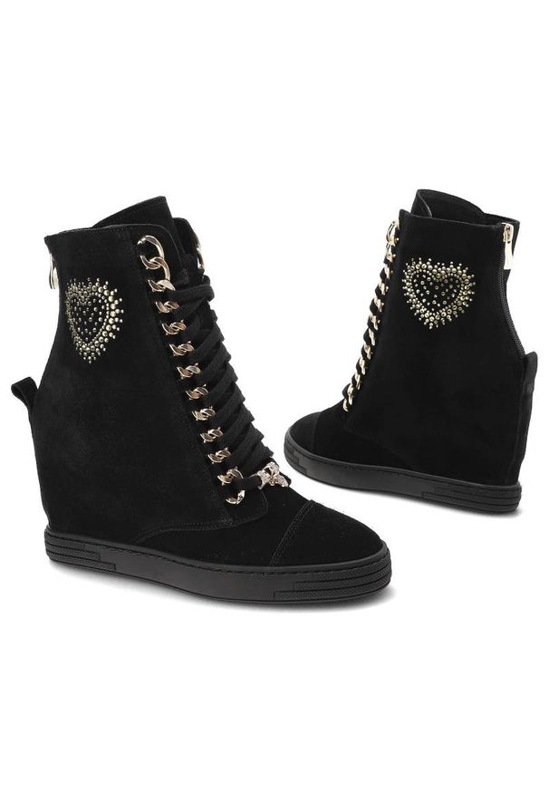 DAMISS - Czarne Sneakersy Damiss Wygodne Buty Damskie Na Koturnie. Kolor: czarny. Materiał: welur, skóra. Szerokość cholewki: normalna. Wzór: aplikacja. Obcas: na koturnie