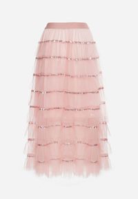Born2be - Różowa Spódnica Maxi o Rozkloszowanym Fasonie Ozdobiona Falbankami i Cekinami Meepa. Kolor: różowy. Materiał: materiał. Wzór: aplikacja #5