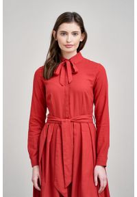 Marie Zélie - Sukienka Leandra czerwień. Typ kołnierza: kokarda. Kolor: czerwony. Materiał: bawełna, wiskoza, tkanina, materiał. Długość rękawa: długi rękaw #3