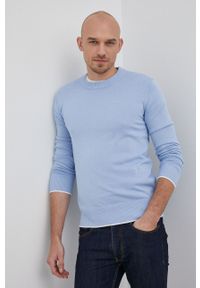 Trussardi Jeans - Trussardi sweter z domieszką jedwabiu męski lekki. Okazja: na co dzień. Kolor: niebieski. Materiał: jedwab. Styl: casual