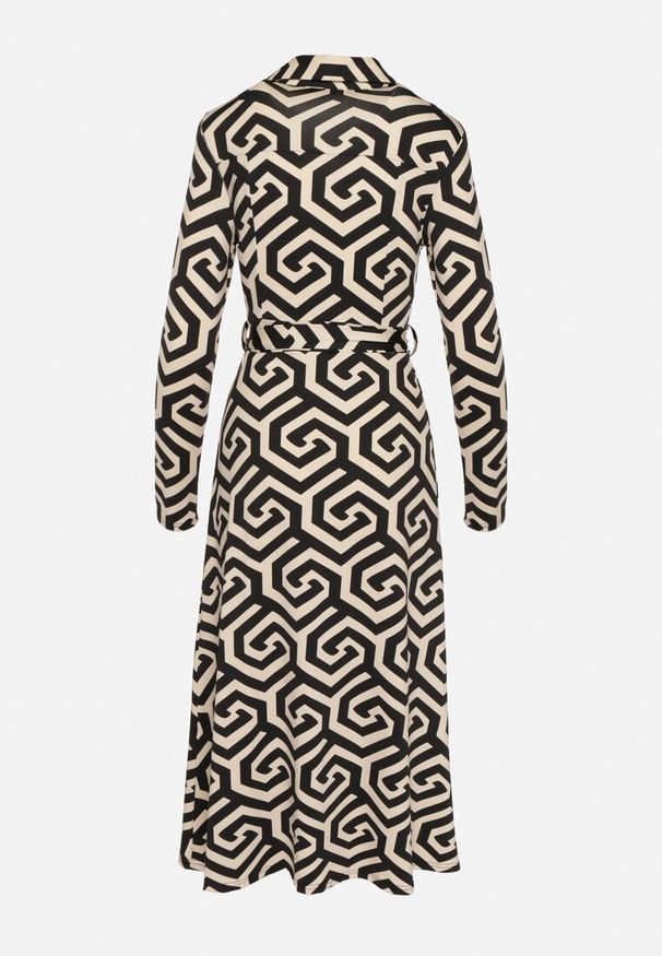 Born2be - Czarna Koszulowa Sukienka z Wiskozą Paskiem i Geometrycznym Motywem Erislevia. Okazja: na co dzień, na spacer. Typ kołnierza: dekolt w kształcie V. Kolor: czarny. Materiał: wiskoza. Długość rękawa: długi rękaw. Wzór: geometria. Typ sukienki: koszulowe. Styl: elegancki, klasyczny, casual