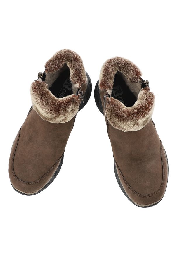 Brązowe Botki Rieker Ocieplane Buty Damskie Zapinane. Okazja: na co dzień. Zapięcie: zamek. Kolor: brązowy. Materiał: futro, materiał. Sezon: zima. Styl: elegancki, casual, klasyczny