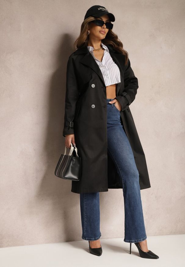 Renee - Czarny Długi Płaszcz Trencz Dwurzędowy z Paskiem w Komplecie Sabila. Kolor: czarny. Materiał: jeans. Długość rękawa: długi rękaw. Długość: długie. Styl: klasyczny, elegancki, wizytowy