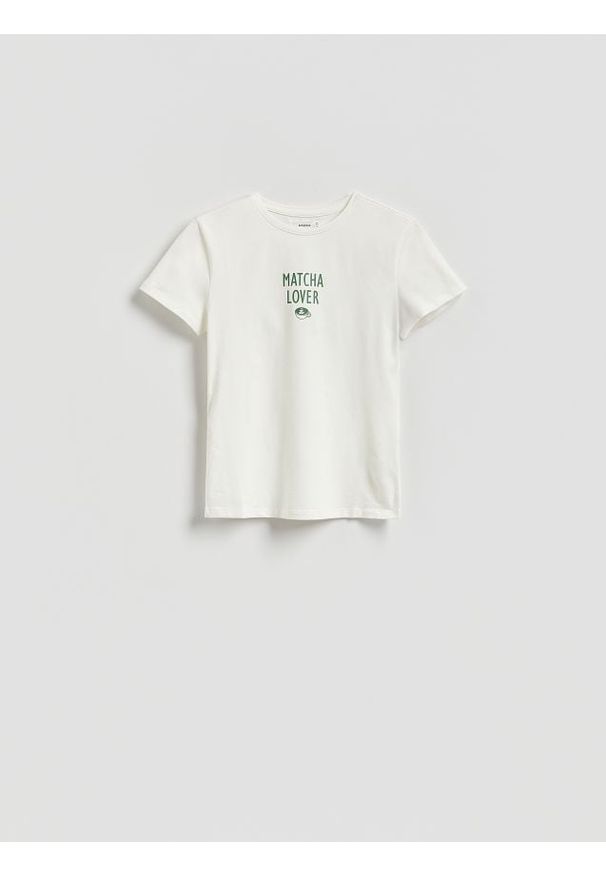 Reserved - T-shirt z nadrukiem - biały. Kolor: biały. Materiał: dzianina, bawełna. Wzór: nadruk