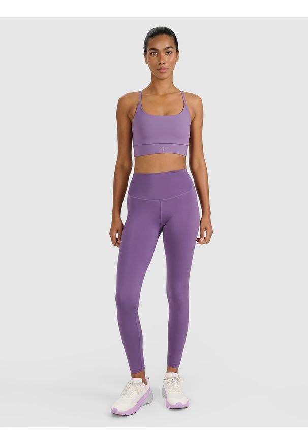 4f - 4F Legginsy treningowe szybkoschnące damskie - fioletowe XS. Stan: podwyższony. Kolor: różowy. Materiał: włókno, elastan, dzianina, materiał, syntetyk. Wzór: gładki, ze splotem. Sport: fitness