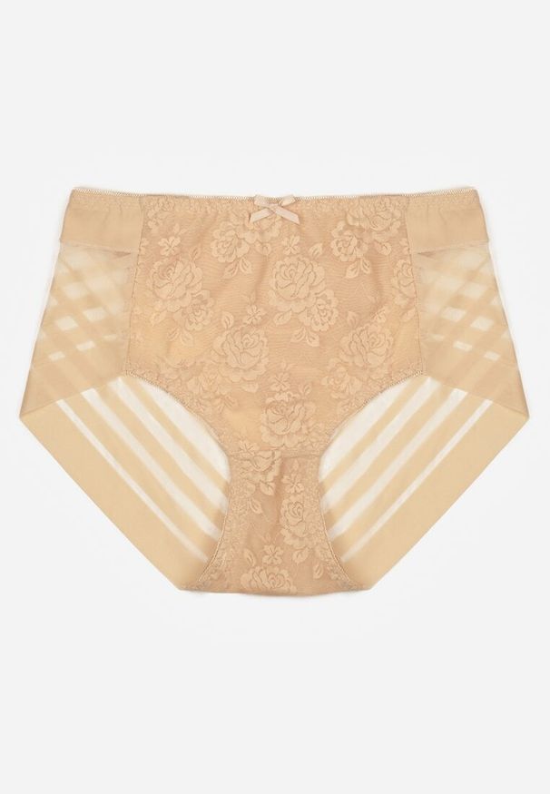 Renee - Beżowe Siateczkowe Majtki Figi High Waist z Koronkowymi Zdobieniami Heylih. Stan: podwyższony. Kolor: beżowy. Materiał: koronka. Wzór: aplikacja