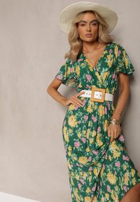 Renee - Zielono-Żółta Maxi Sukienka w Kwiaty z Wiskozy o Rozkloszowanym Kroju z Kopertowym Dekoltem Brilva. Kolor: zielony. Materiał: wiskoza. Wzór: kwiaty. Sezon: lato. Typ sukienki: kopertowe. Długość: maxi #5