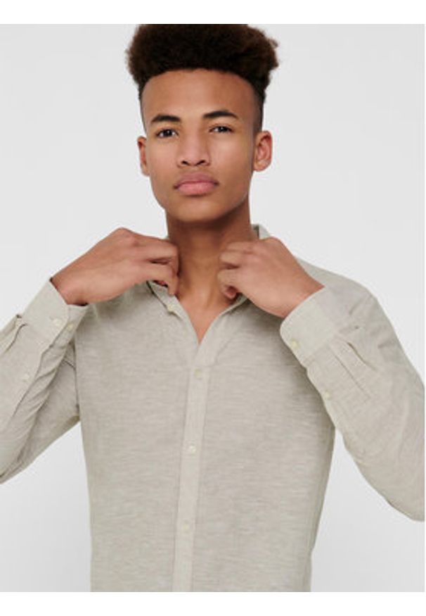 Only & Sons Koszula Caiden 22012321 Beżowy Slim Fit. Kolor: beżowy. Materiał: bawełna, len