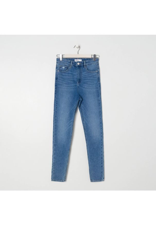 Sinsay - Jeansy skinny high waist - Niebieski. Stan: podwyższony. Kolor: niebieski