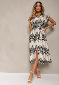 Renee - Beżowo-Czarna Sukienka Boho na Guziki z Wiskozą Ozdobiona Paskiem Mosofia. Okazja: na co dzień. Kolor: beżowy. Materiał: wiskoza. Wzór: aplikacja. Sezon: lato. Typ sukienki: proste. Styl: boho #3