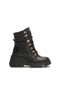 Kazar - Botki na koturnie z bieżnikiem. Wysokość cholewki: przed kolano. Zapięcie: sznurówki. Kolor: czarny. Materiał: skóra. Szerokość cholewki: normalna. Obcas: na koturnie #1