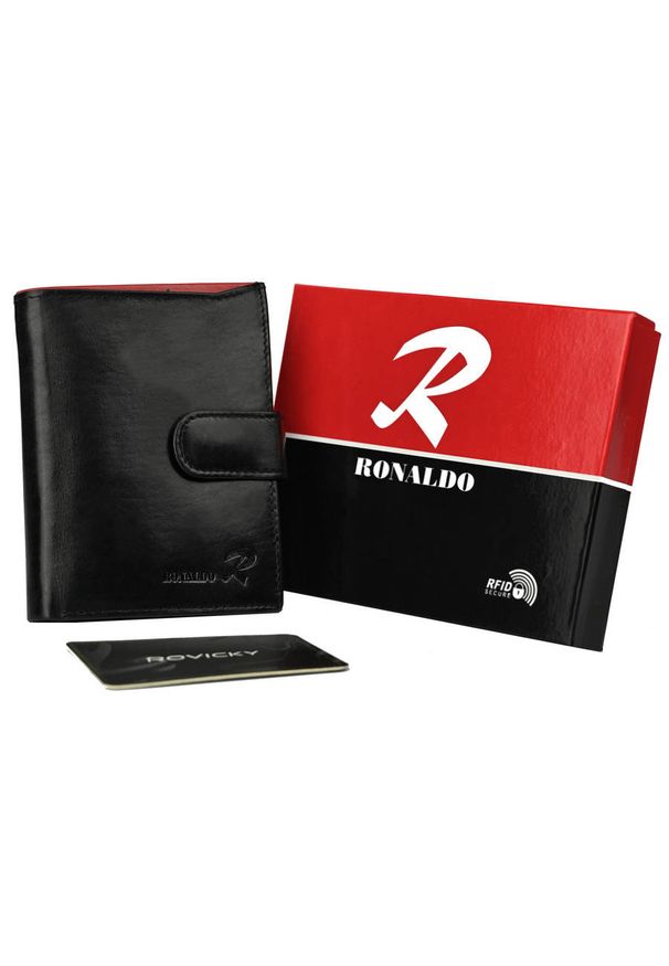 Portfel czarny RFID Ronaldo skórzany N104L-VT BLACK-RED. Kolor: czarny. Materiał: skóra