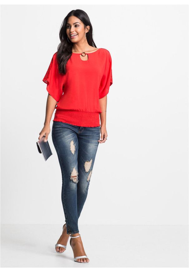 bonprix - Bluzka z czystej wiskozy. Kolor: czerwony. Materiał: wiskoza, koronka. Długość rękawa: krótki rękaw. Długość: krótkie. Wzór: koronka