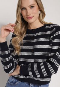 Born2be - Granatowy Kardigan w Paski z Domieszką Wełny z Dodatkową Narzutką Fedina. Kolor: niebieski. Materiał: wełna. Długość rękawa: długi rękaw. Długość: długie. Wzór: paski. Styl: klasyczny, elegancki #4