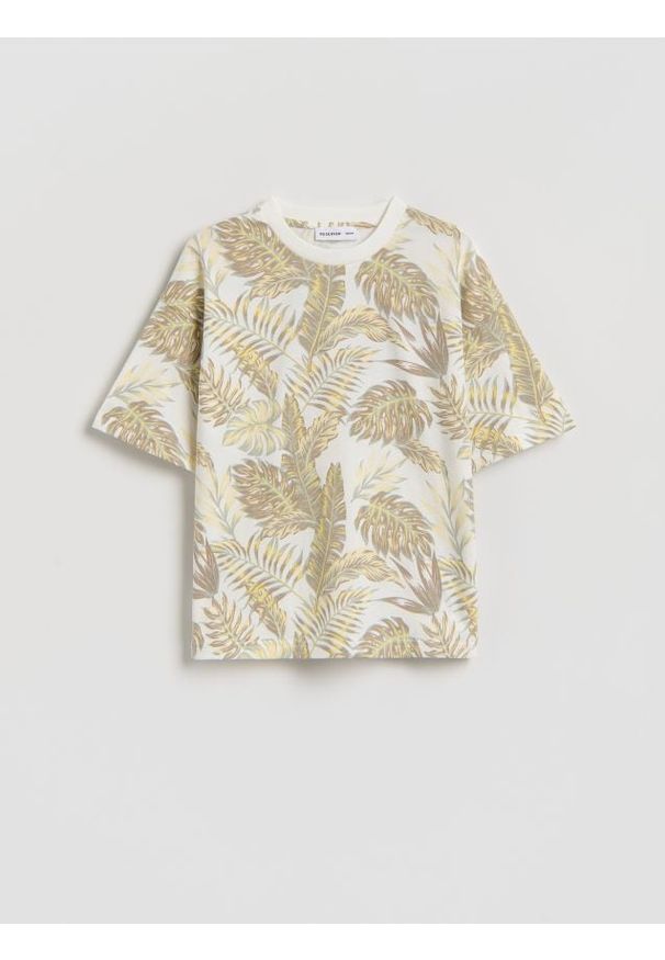 Reserved - Bawełniany t-shirt z nadrukiem - złamana biel. Materiał: bawełna. Wzór: nadruk