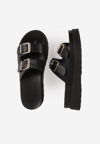 Born2be - Czarne Klapki na Grubej Podeszwie z Dwoma Klamrami Xenienne. Okazja: na co dzień. Kolor: czarny. Materiał: jeans. Wzór: ażurowy. Styl: casual, klasyczny #6