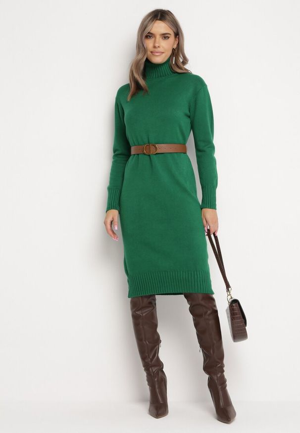 Born2be - Zielona Sweterkowa Sukienka Wełniana Midi z Golfem Doulcetta. Typ kołnierza: golf. Kolor: zielony. Materiał: wełna. Długość rękawa: długi rękaw. Styl: klasyczny. Długość: midi