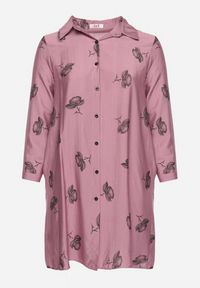 Born2be - Ciemnoróżowa Koszulowa Sukienka z Guzikami i Regulowanymi Rękawami Xatella. Kolekcja: plus size. Kolor: różowy. Wzór: kwiaty. Typ sukienki: koszulowe #6
