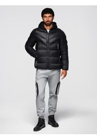 Ombre Clothing - Nowoczesna pikowana kurtka męska z łączonych materiałów – czarna V1 - Rozmiar: XL. Typ kołnierza: kołnierzyk stójkowy. Kolor: czarny. Materiał: materiał. Długość: długie #8