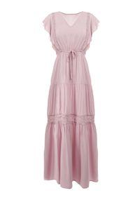 Born2be - Jasnoróżowa Sukienka Cileis. Typ kołnierza: kołnierz z falbankami. Kolor: różowy. Materiał: koronka, wiskoza. Długość rękawa: krótki rękaw. Wzór: geometria. Długość: maxi #2