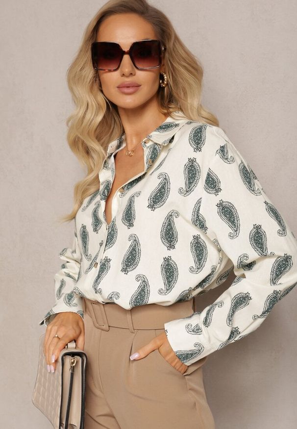 Renee - Beżowo-Zielona Bawełniana Koszula z Drobnym Wzorem Paisley Kaisleigh. Kolor: beżowy. Materiał: bawełna. Wzór: paisley. Styl: klasyczny