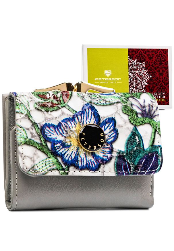 Wielokolorowy portfelik damski ze skóry naturalnej w kwiaty zamykany biglem i zatrzaskiem PTN PH32-LFL Peterson. Kolor: wielokolorowy. Materiał: skóra. Wzór: kwiaty