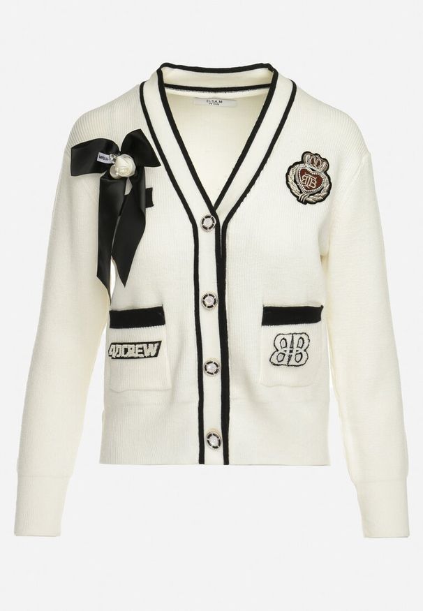 Born2be - Biały Wiskozowy Kardigan z Naszywkami i Wstążką Gudesa. Kolor: biały. Materiał: wiskoza. Wzór: aplikacja