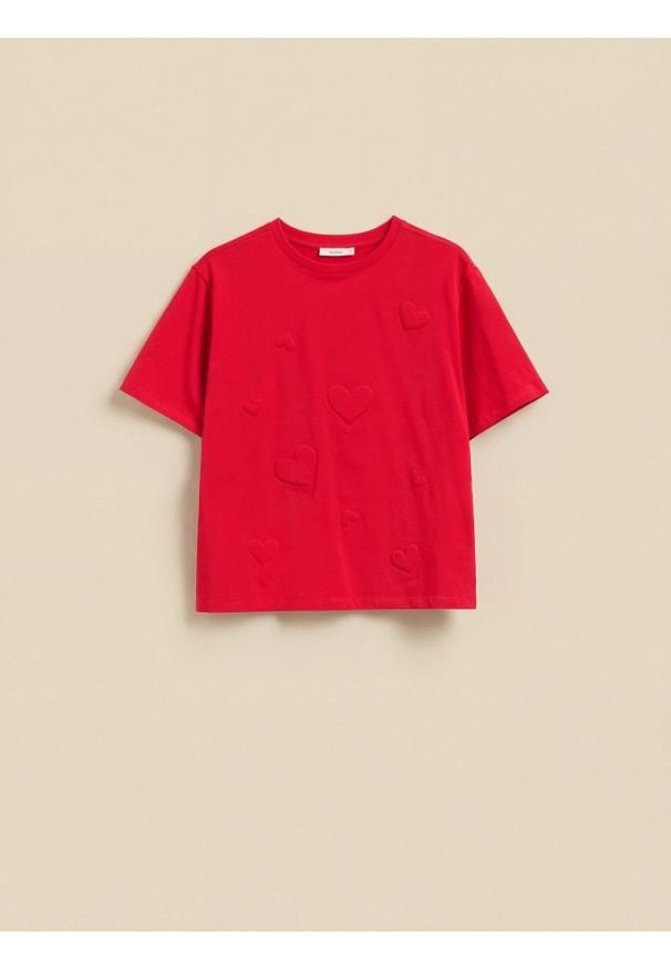Reserved - T-shirt z haftem w serca - czerwony. Kolor: czerwony. Materiał: dzianina, bawełna. Wzór: haft