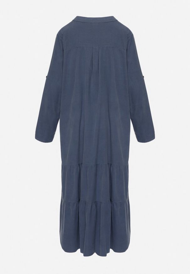 Born2be - Niebieska Bawełniana Rozkloszowana Sukienka z Falbanką i Regulowanymi Rękawami Rivesi. Okazja: na co dzień. Typ kołnierza: kołnierz z falbankami, dekolt w kształcie V. Kolor: niebieski. Materiał: bawełna. Typ sukienki: proste. Styl: casual, elegancki