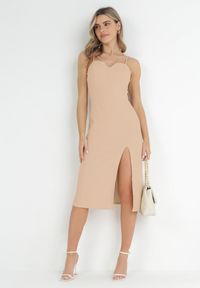 Born2be - Beżowa Sukienka na Ramiączkach z Rozcięciem Sophiya. Kolor: beżowy. Materiał: tkanina. Długość rękawa: na ramiączkach. Wzór: aplikacja, gładki. Długość: midi #7