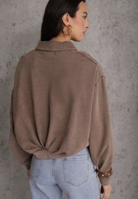 Renee - Beżowa Bluza Bomberka z Bawełny Oversize Ozdobiona Kołnierzem Vimelles. Okazja: na co dzień. Kolor: brązowy. Materiał: bawełna. Wzór: aplikacja. Styl: casual, elegancki #4