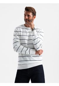 Ombre Clothing - Męski casualowy sweter w poziome paski – kremowy V2 - Rozmiar: S. Okazja: na co dzień. Kolor: kremowy. Materiał: nylon, włókno, materiał, bawełna. Wzór: paski. Styl: casual