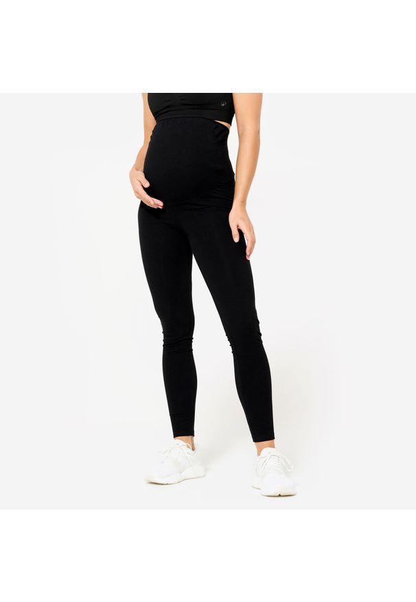 DOMYOS - Legginsy do jogi damskie Kimjaly ciążowe. Kolekcja: moda ciążowa. Kolor: czarny. Materiał: materiał, elastan, poliester, bawełna. Sport: joga i pilates