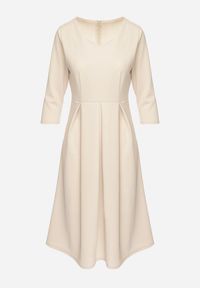 Born2be - Beżowa Rozkloszowana Sukienka z Rękawem 3/4 Nomiel. Okazja: na co dzień, na spotkanie biznesowe. Typ kołnierza: dekolt w kształcie V. Kolor: beżowy. Typ sukienki: rozkloszowane. Styl: biznesowy, klasyczny, casual, elegancki #3