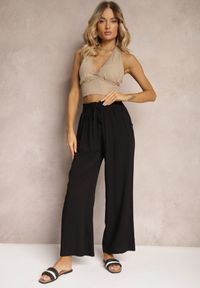 Renee - Czarne Spodnie Palazzo High Waist z Bawełny Wykończone Gumką w Talii Nellsea. Okazja: na co dzień. Stan: podwyższony. Kolor: czarny. Materiał: bawełna. Styl: casual, elegancki
