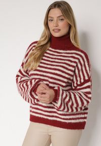 Born2be - Bordowy Golf z Domieszką Wełny w Paski Monallia. Okazja: na co dzień. Typ kołnierza: golf. Kolor: czerwony. Materiał: wełna. Wzór: paski. Styl: klasyczny, casual, elegancki #2