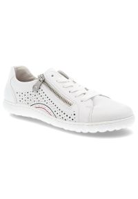 Białe Sneakersy Rieker Modne Obuwie Damskie. Okazja: na co dzień, na spacer. Zapięcie: sznurówki. Kolor: biały. Materiał: skóra. Szerokość cholewki: normalna. Sport: turystyka piesza #5