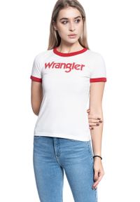 Wrangler - WRANGLER RINGER TEE DAMSKI T-SHIRT KOSZULKA NADRUK LOGO OFFWHITE W7385G202 112131047. Wzór: nadruk