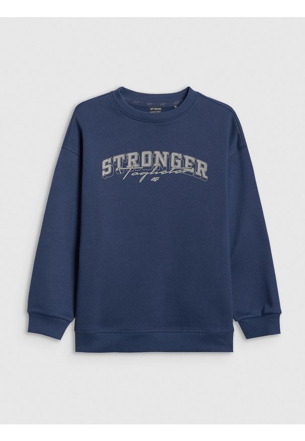 4f - 4F Bluza dresowa loose bez kaptura chłopięca - granatowa 158/164 (12-14 lat). Okazja: na co dzień. Typ kołnierza: bez kaptura. Kolor: niebieski. Materiał: dresówka. Sezon: lato. Styl: casual, sportowy