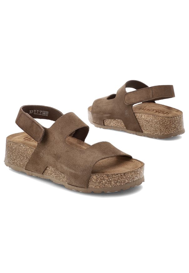 Sandały damskie Yokono, cholewka ze skóry naturalnej zamszowej z szerokimi paskami z zapięciem na rzep, brązowe, WIWI-261 Ser Lodo. Zapięcie: rzepy. Kolor: brązowy. Materiał: skóra, zamsz