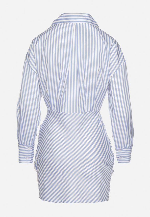 Born2be - Jasnoniebieska Koszulowa Sukienka w Paski o Dopasowanym Kroju Meveira. Okazja: na imprezę. Typ kołnierza: kołnierzyk klasyczny. Kolor: niebieski. Długość rękawa: długi rękaw. Wzór: paski. Typ sukienki: koszulowe. Styl: klasyczny