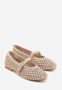 Renee - Ciemnobeżowe Balerinki w Stylu Mary Jane z Cyrkoniami i Ażurową Cholewką Lyphenne. Kolor: beżowy. Materiał: satyna, jeans. Szerokość cholewki: normalna. Wzór: ażurowy. Styl: glamour, klasyczny #5